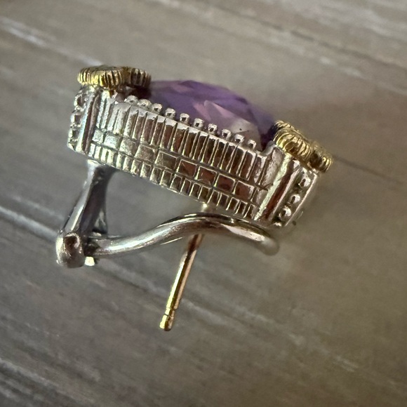 Judith Ripka Purple Amethyst Diamond Silver Gold Earrings 18K 925 - Picture 9 of 10